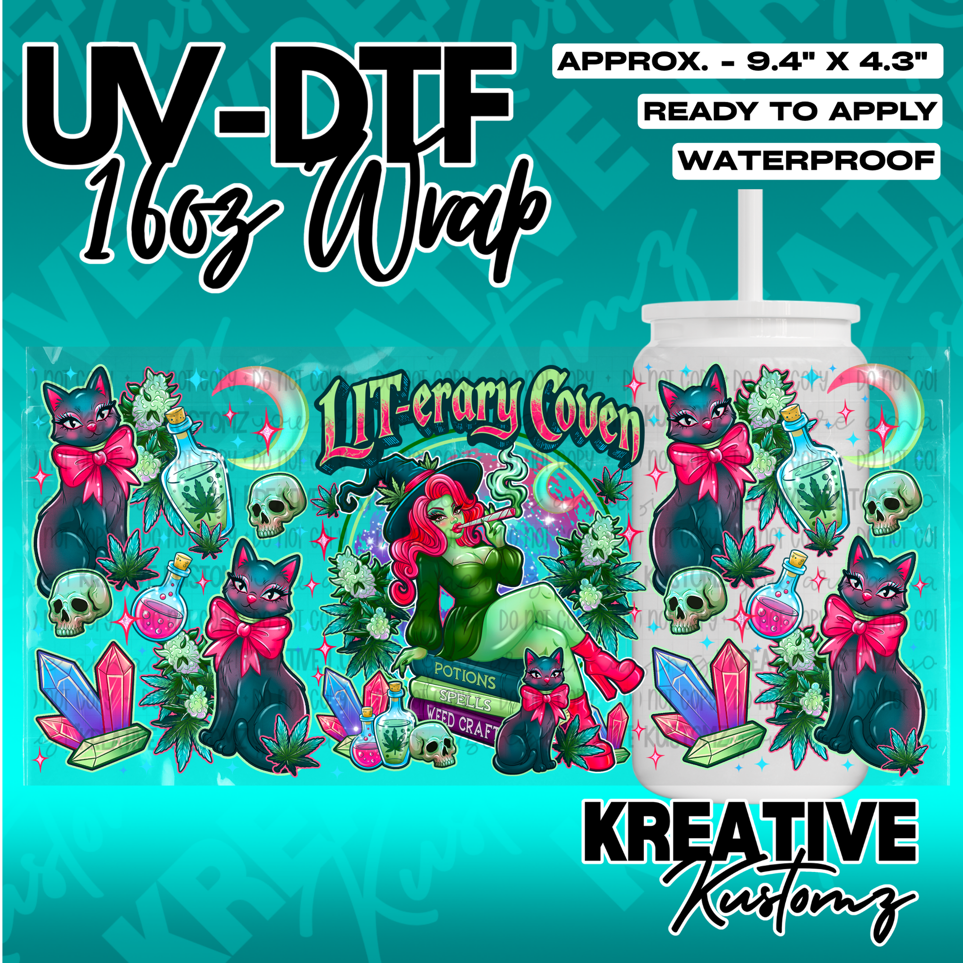 A UV DTF adhesive wrap for a 16oz glass cup featuring a witch, black cats, and magical items.