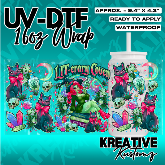 A UV DTF adhesive wrap for a 16oz glass cup featuring a witch, black cats, and magical items.
