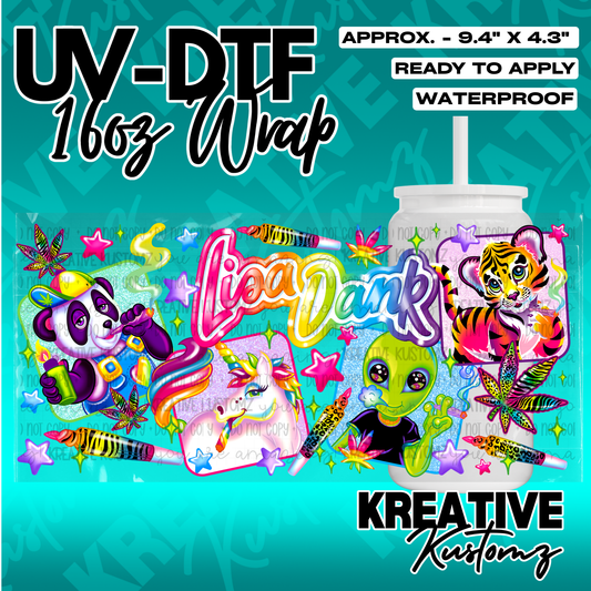 A vibrant UV DTF adhesive wrap for 16oz glass cans featuring colorful cartoon characters.