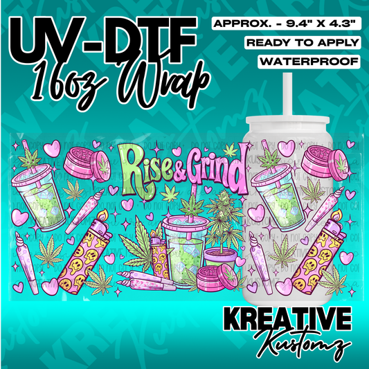 A vibrant UV DTF adhesive wrap for 16oz glass cans featuring a Rise and Grind cannabis theme.
