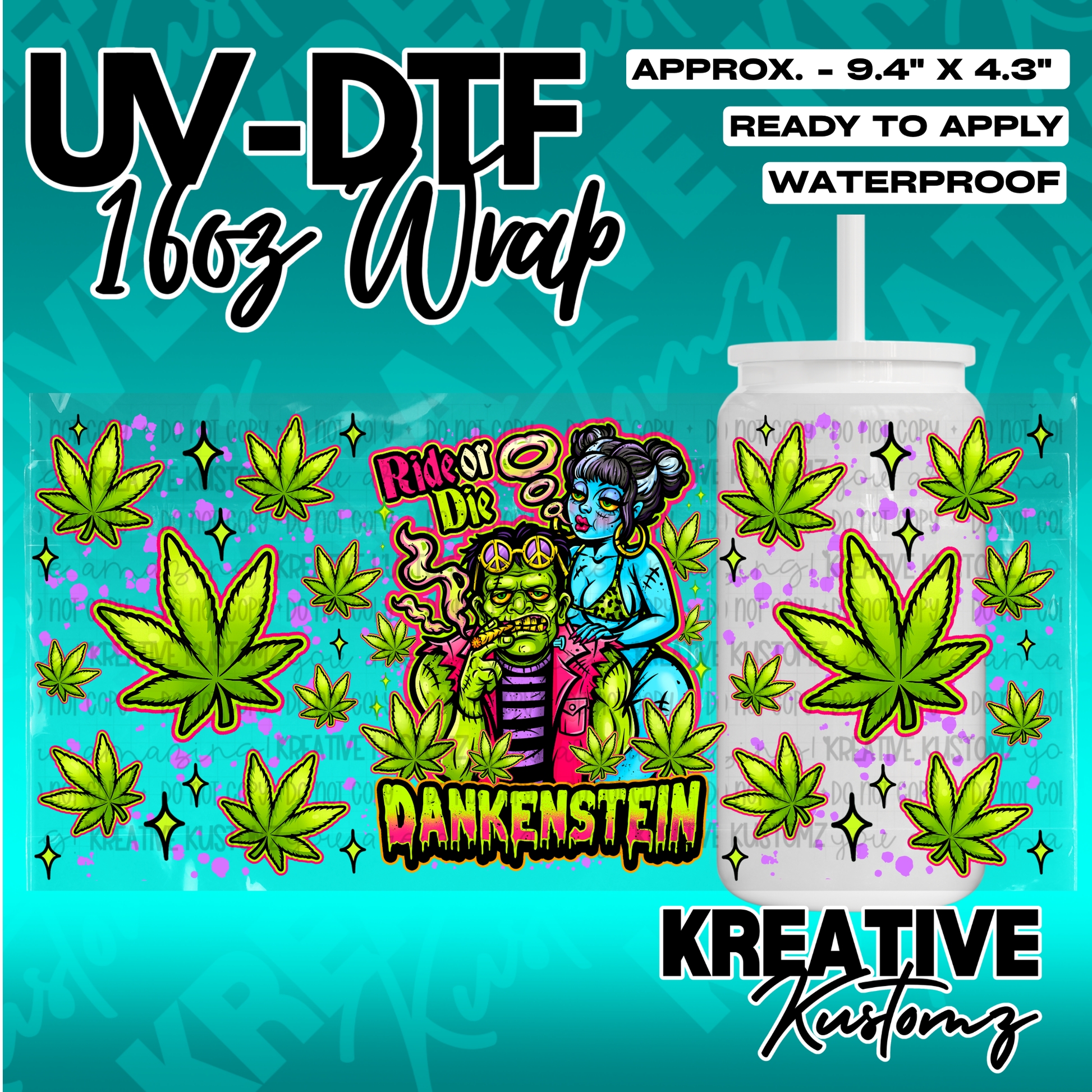 A UV DTF cup wrap featuring a cartoon Frankenstein and his bride surrounded by cannabis leaves.