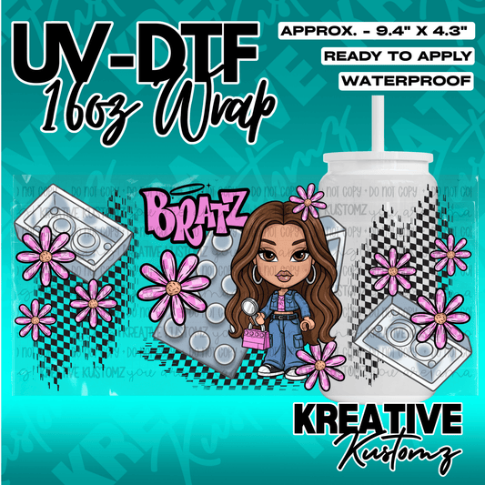 A UV DTF adhesive cup wrap featuring a Bratz doll, flowers, and a checkered pattern.