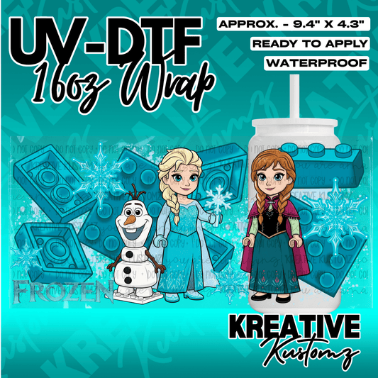 A Frozen themed UV DTF adhesive cup wrap featuring Olaf, Elsa, and Anna with building blocks.
