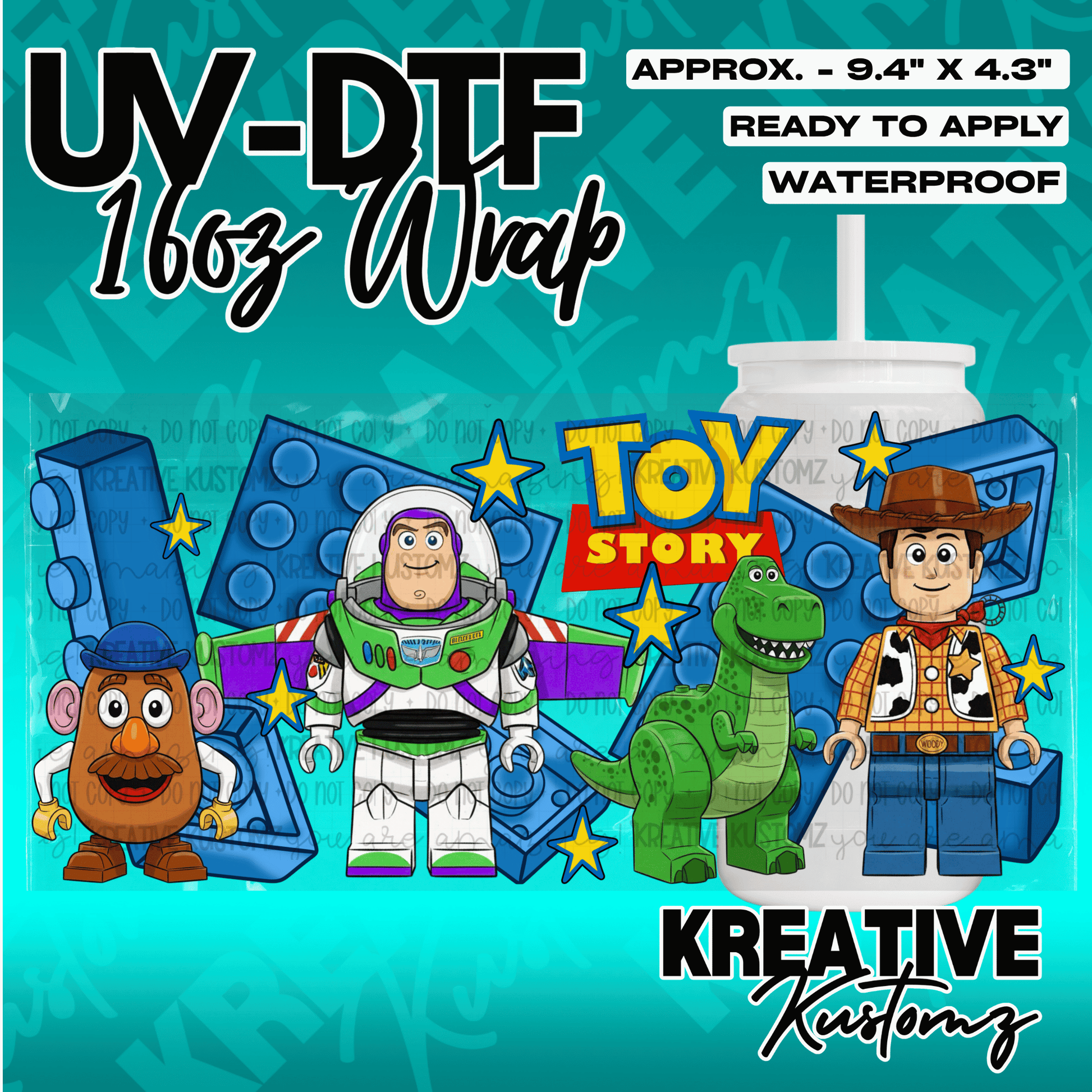 A Toy Story themed UV DTF adhesive wrap for a 16oz glass cup featuring Lego-style characters.