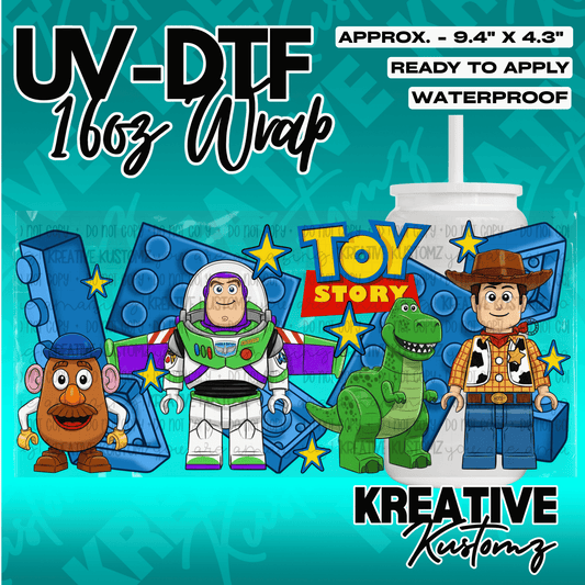 A Toy Story themed UV DTF adhesive wrap for a 16oz glass cup featuring Lego-style characters.