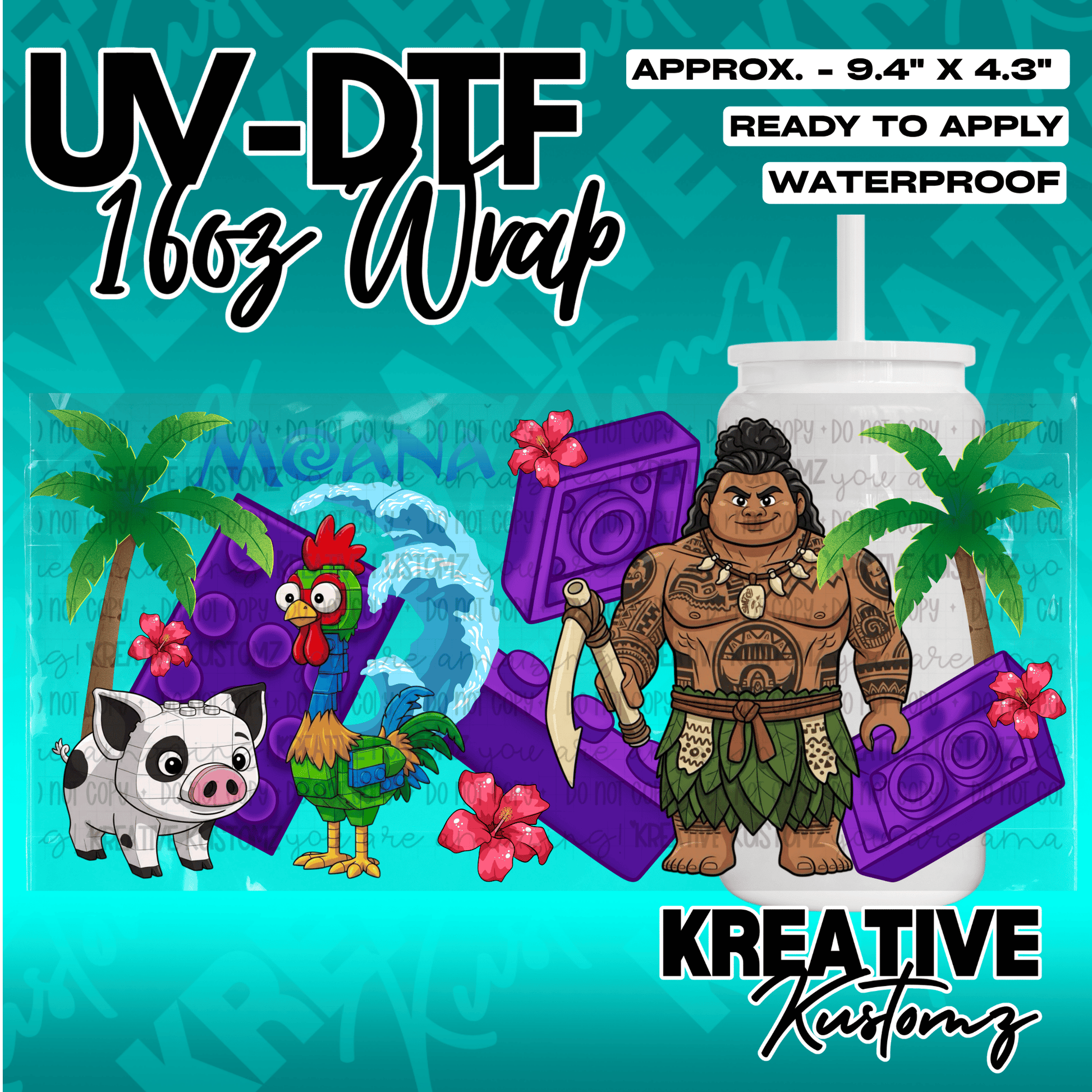 A Moana-themed UV DTF adhesive wrap for a 16oz glass cup featuring characters and tropical motifs.