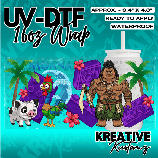 A Moana-themed UV DTF adhesive wrap for a 16oz glass cup featuring characters and tropical motifs.