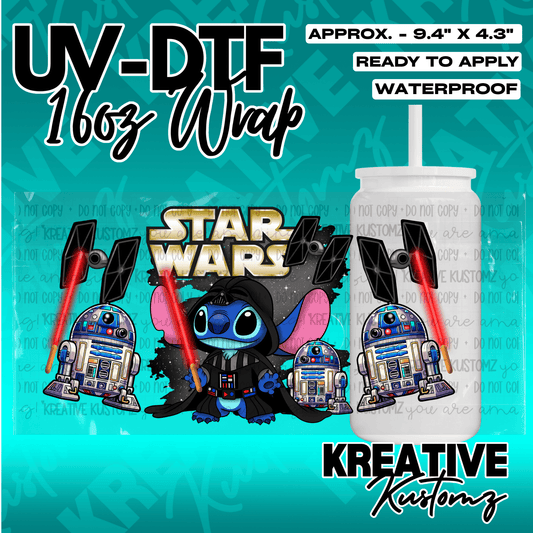 A Star Wars themed UV DTF adhesive wrap featuring Stitch as Darth Vader and R2-D2.
