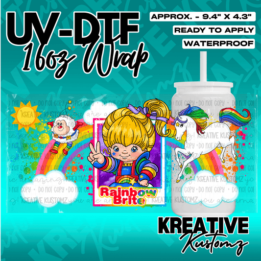 A Rainbow Brite themed UV DTF adhesive wrap for a 16oz glass can.