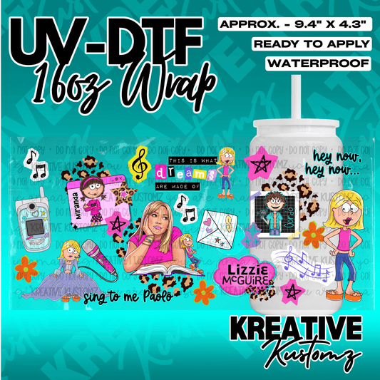 A Lizzie McGuire themed UV DTF adhesive wrap for a 16oz glass cup.