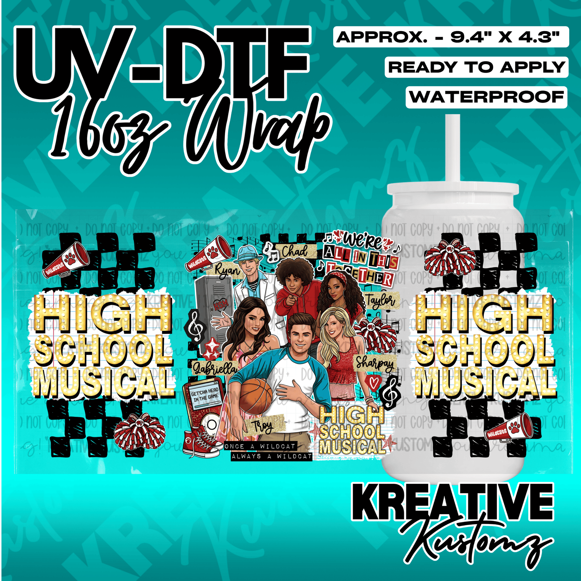 A High School Musical themed UV DTF adhesive wrap for a 16oz glass cup.