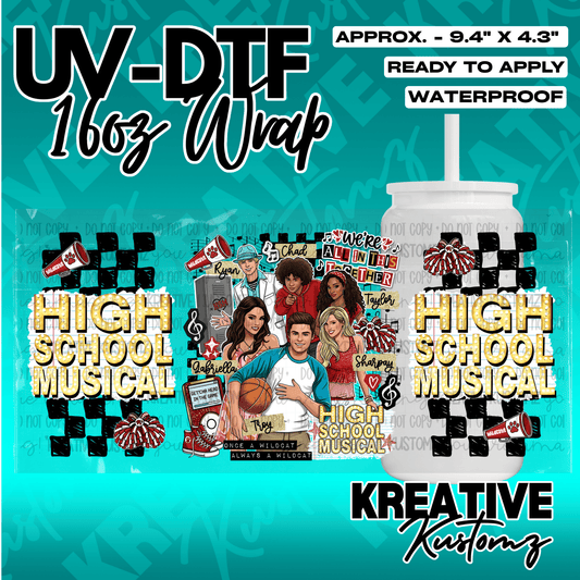 A High School Musical themed UV DTF adhesive wrap for a 16oz glass cup.