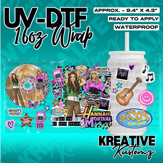 A Hannah Montana themed UV DTF adhesive wrap for a 16oz glass cup.