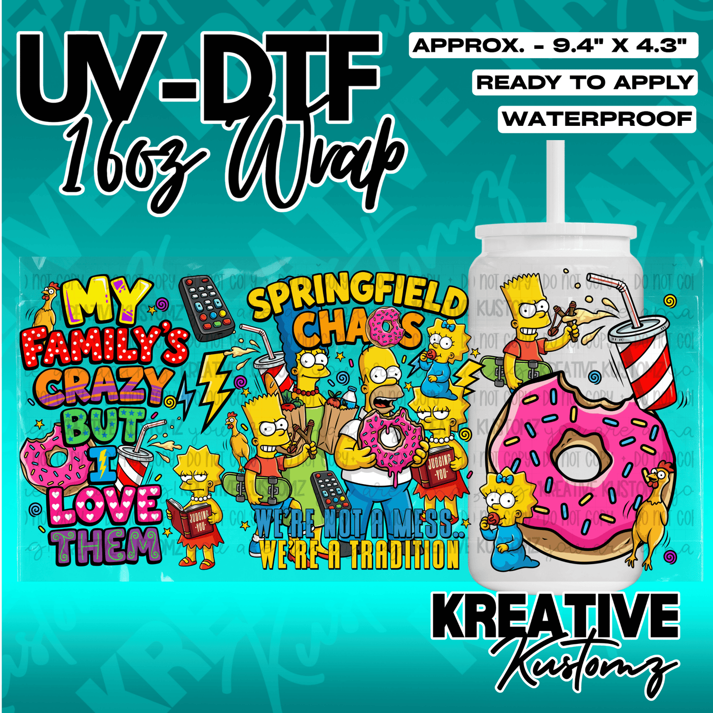 A Simpsons themed UV DTF adhesive wrap for a 16oz glass can featuring colorful character designs.