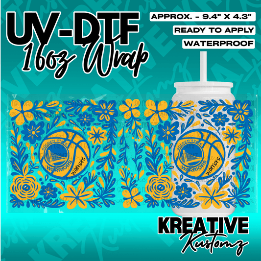 A floral UV DTF adhesive wrap featuring Golden State Warriors basketball logos for 16oz glass cups.