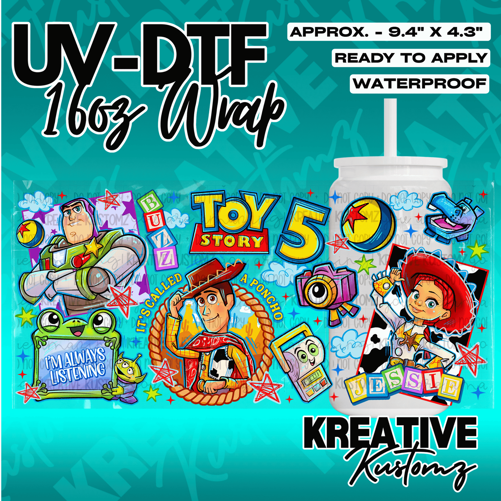 A Toy Story themed UV DTF adhesive wrap for a 16oz glass can featuring Buzz, Woody, and Jessie.