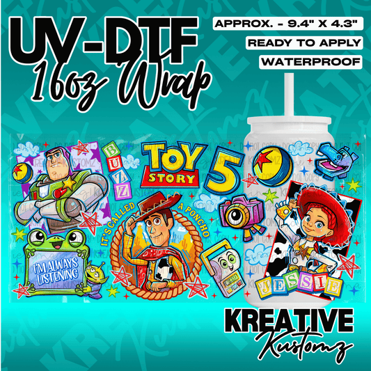 A Toy Story themed UV DTF adhesive wrap for a 16oz glass can featuring Buzz, Woody, and Jessie.