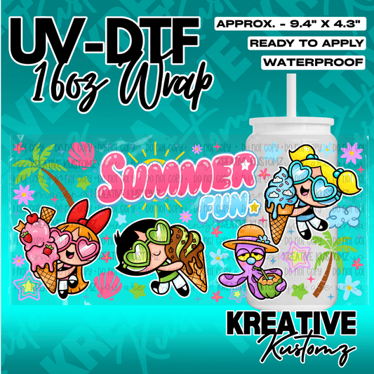 A vibrant UV DTF wrap for a 16oz glass can featuring Powerpuff Girls characters and summer treats.