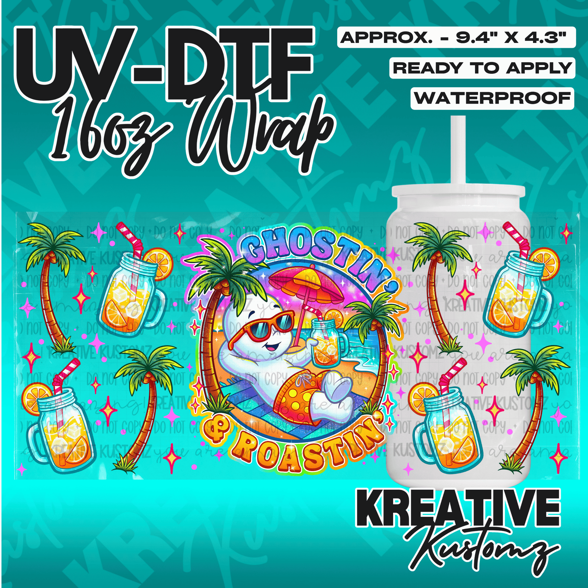 A UV DTF adhesive wrap for 16oz glass cans featuring a ghost relaxing on a beach with palm trees.