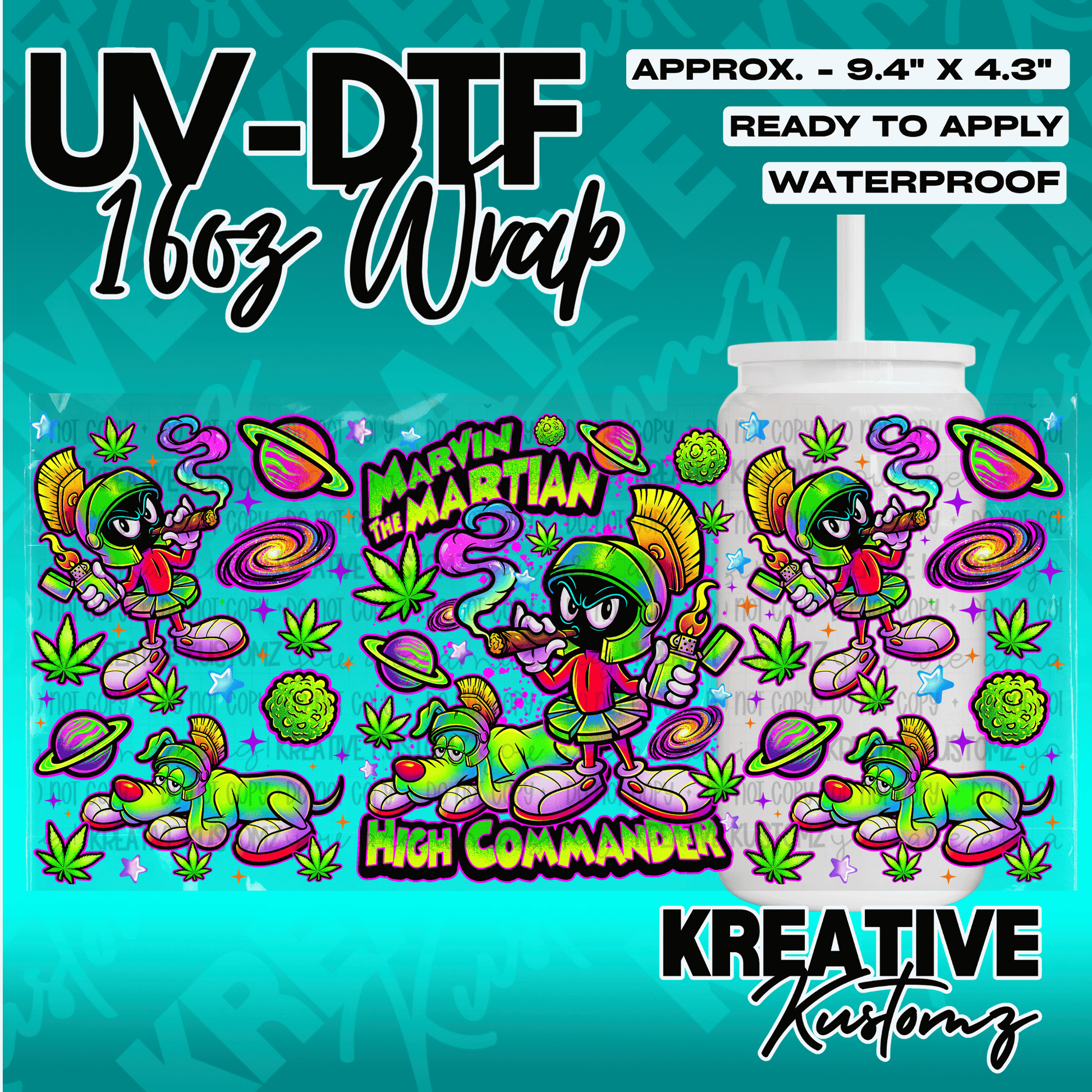 A UV DTF adhesive wrap for a 16oz glass cup featuring Marvin the Martian and space-themed art.