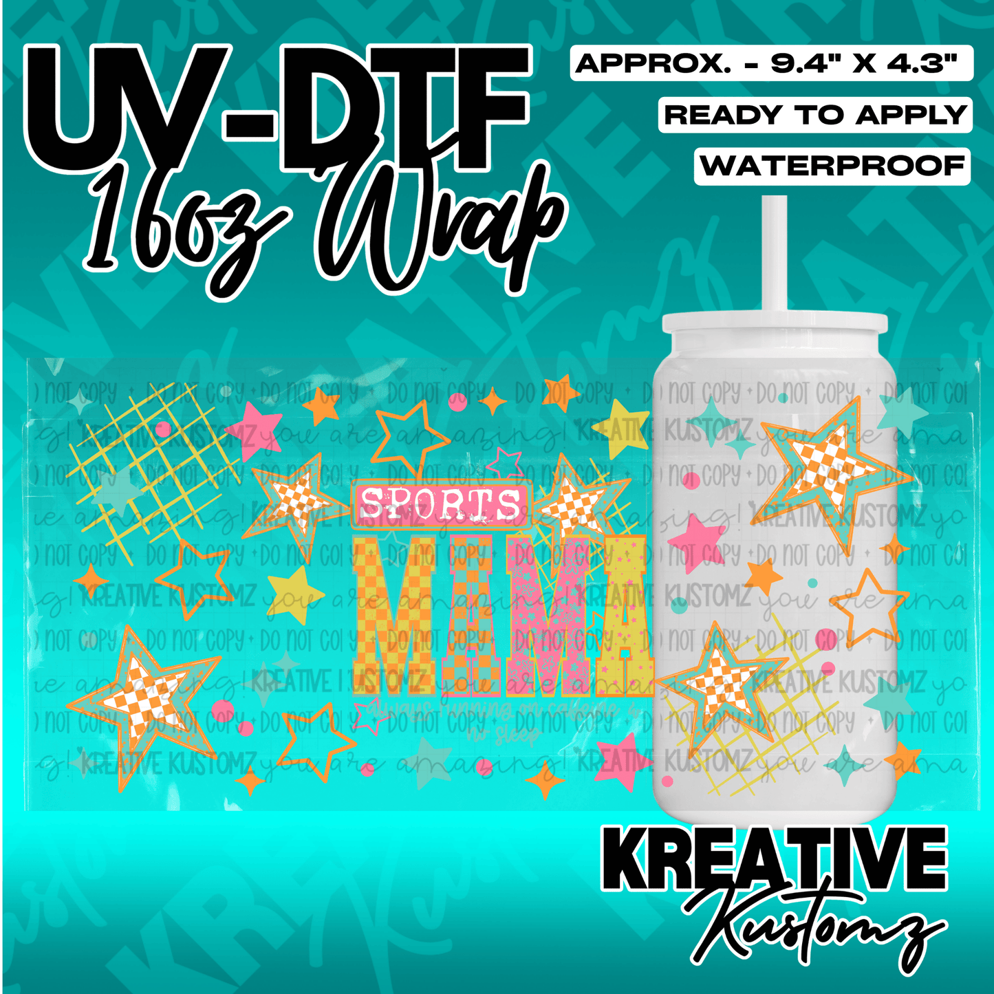 A colorful sports-themed UV DTF adhesive wrap for a 16oz glass can featuring stars and text.