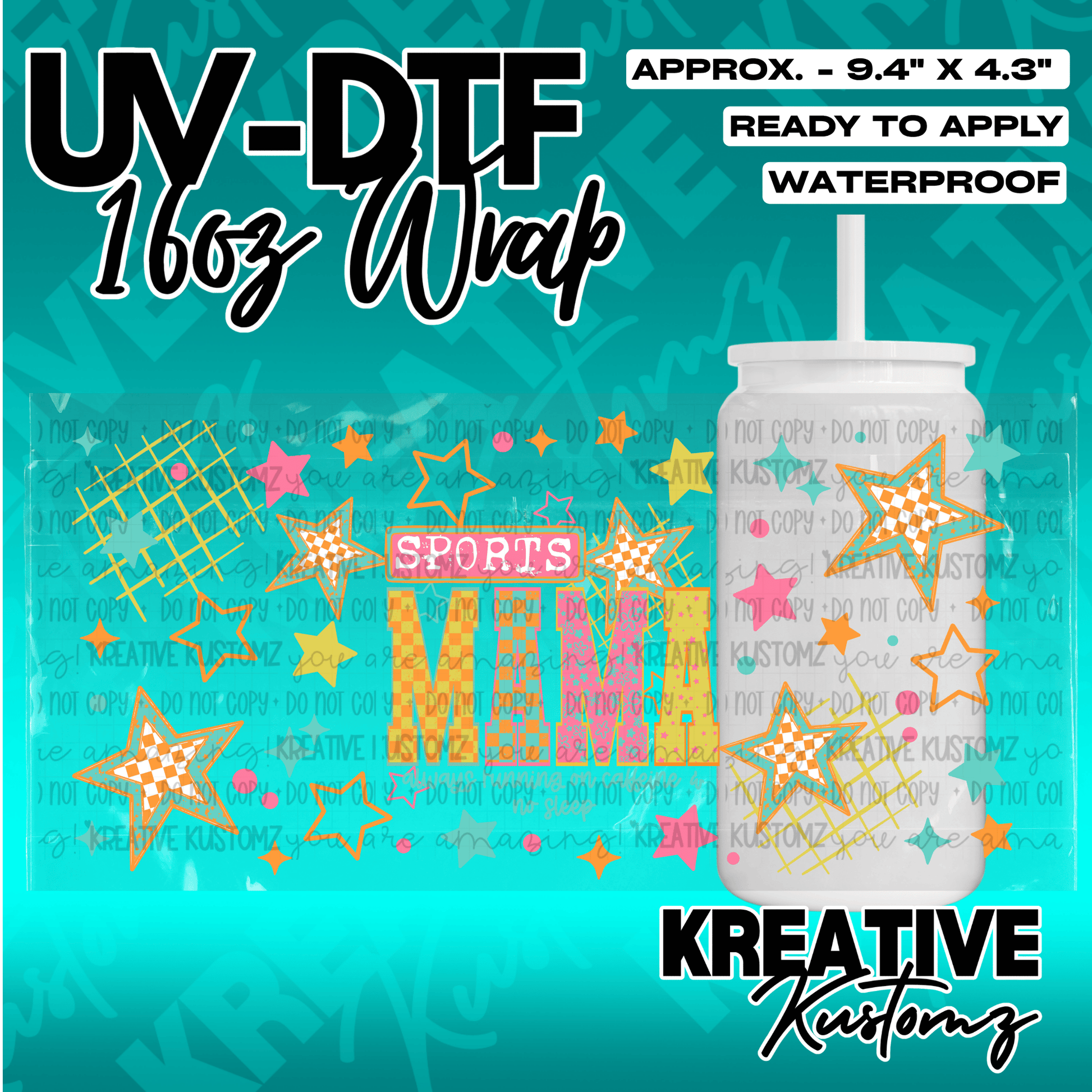 A colorful sports-themed UV DTF adhesive wrap for a 16oz glass can featuring stars and text.