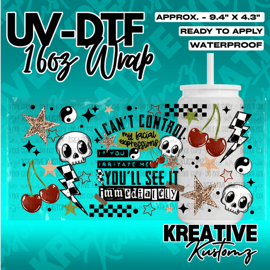 A UV DTF adhesive wrap for 16oz glass cans featuring skulls, cherries, and text designs.