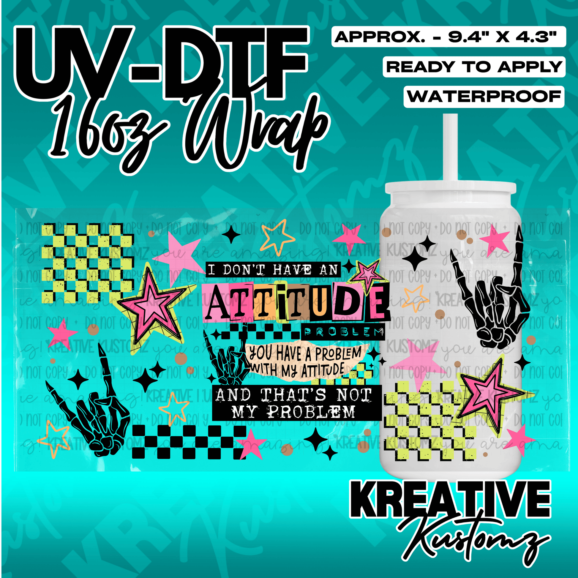A colorful UV DTF adhesive wrap for a 16oz glass cup featuring skeleton hands and star designs.