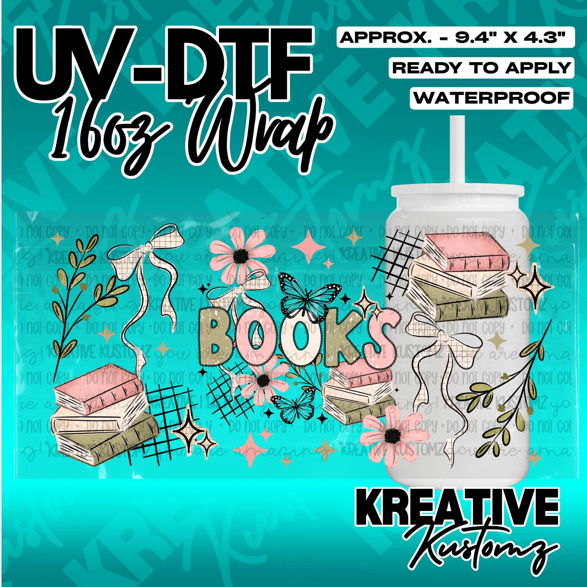 A floral and book-themed adhesive wrap for a 16oz glass cup with a pastel color palette.