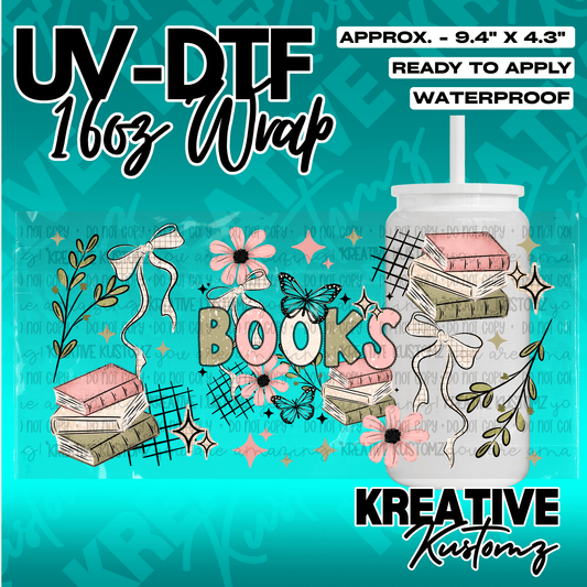 A floral and book-themed adhesive wrap for a 16oz glass cup with a pastel color palette.