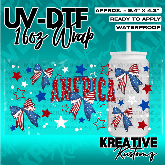 A patriotic UV DTF cup wrap featuring red, white, and blue bows and stars with the word America.