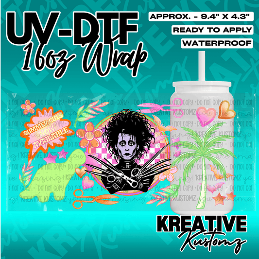 A UV DTF adhesive cup wrap featuring an Edward Scissorhands design with tropical summer elements.