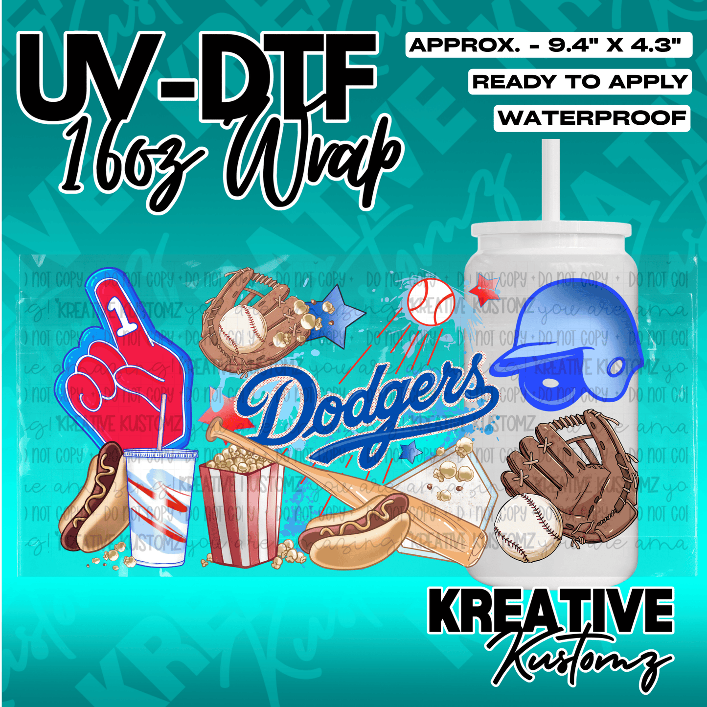 A baseball themed UV DTF adhesive wrap for a 16 ounce glass can featuring Dodgers branding.