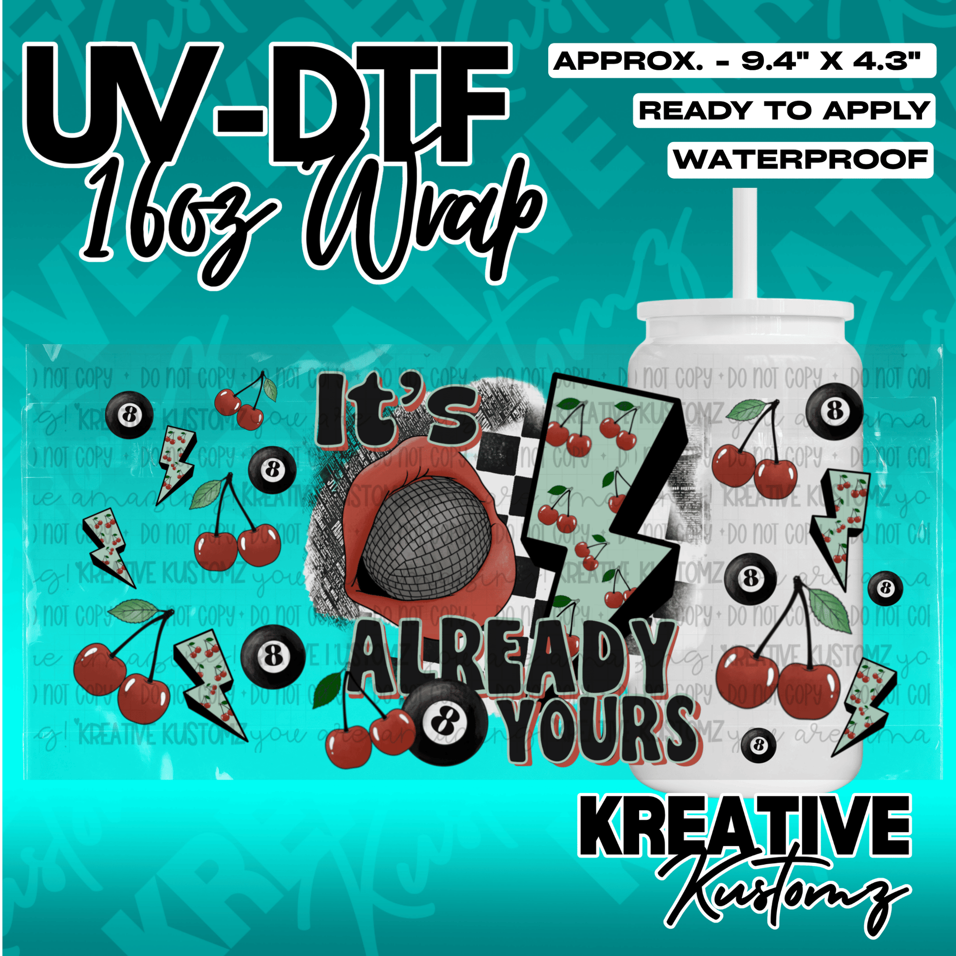 A UV DTF adhesive wrap for 16oz glass cans featuring cherries, eight balls, and disco ball lips.