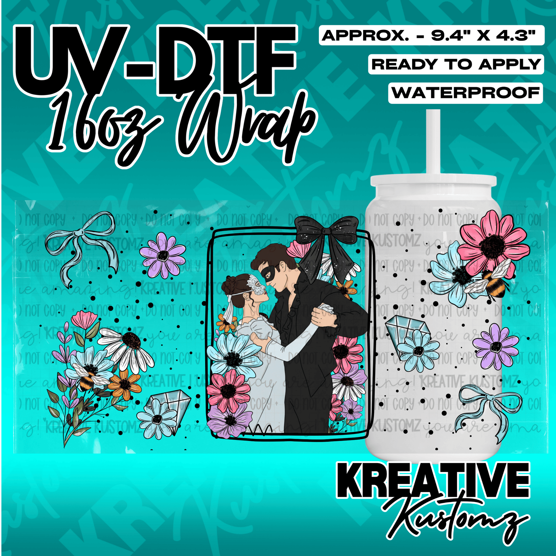A UV DTF adhesive wrap for a 16oz glass cup featuring a masquerade couple, flowers, and bows.