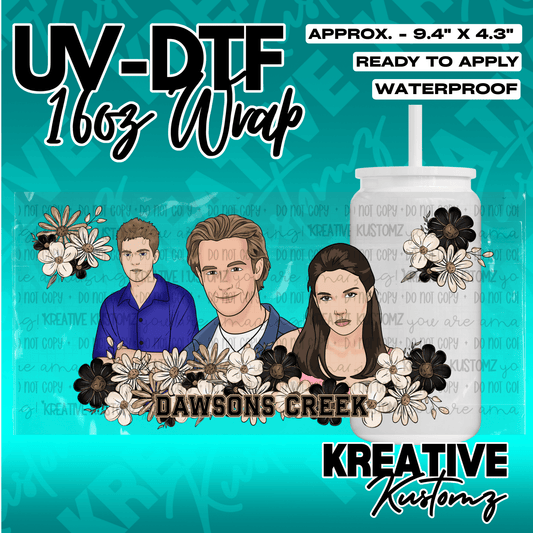A UV DTF cup wrap featuring Dawson's Creek characters and floral accents for 16oz glass cans.
