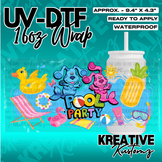 A pool party themed UV DTF adhesive wrap for a 16oz glass cup featuring cartoon characters.