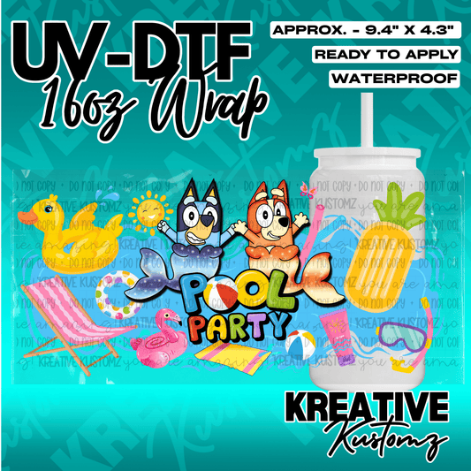 A Bluey themed UV DTF adhesive wrap for a 16oz glass cup featuring a pool party design.