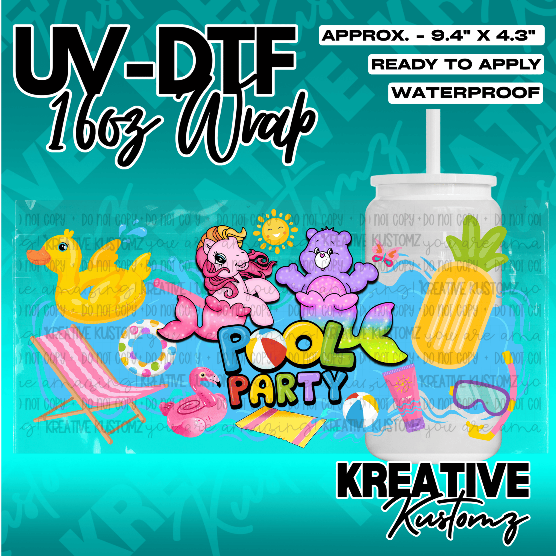 A pool party themed UV DTF adhesive wrap for a 16oz glass cup featuring colorful summer icons.