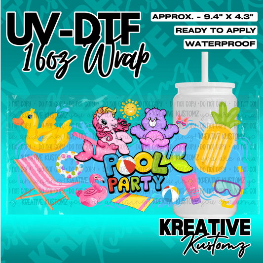 A pool party themed UV DTF adhesive wrap for a 16oz glass cup featuring colorful summer icons.