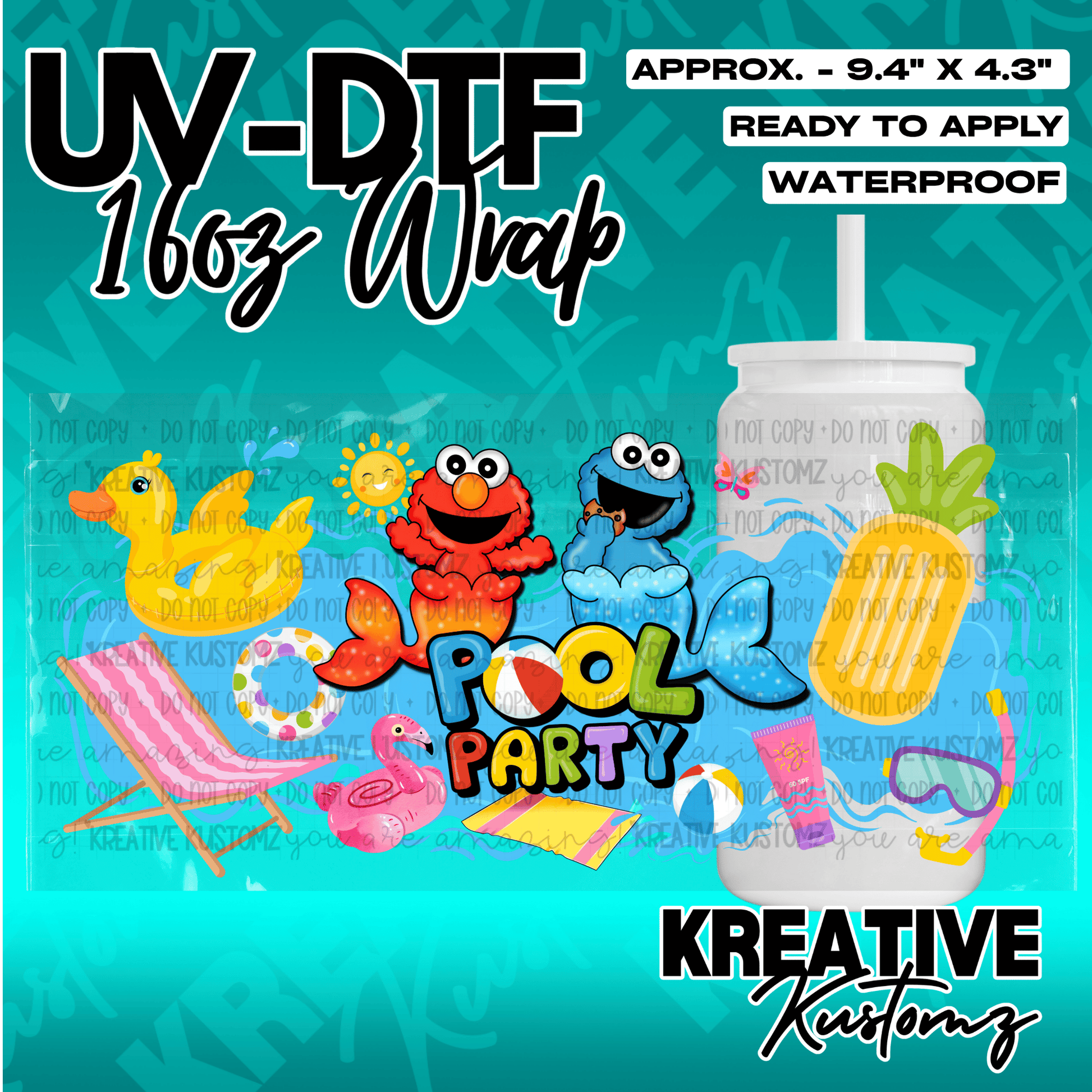 A pool party themed UV DTF adhesive wrap featuring Elmo and Cookie Monster for 16oz glass cans.