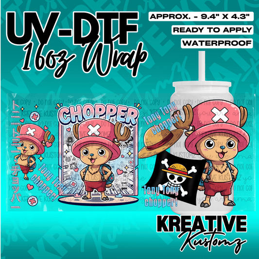 A UV DTF adhesive cup wrap featuring Tony Tony Chopper from One Piece for 16oz glass cans.