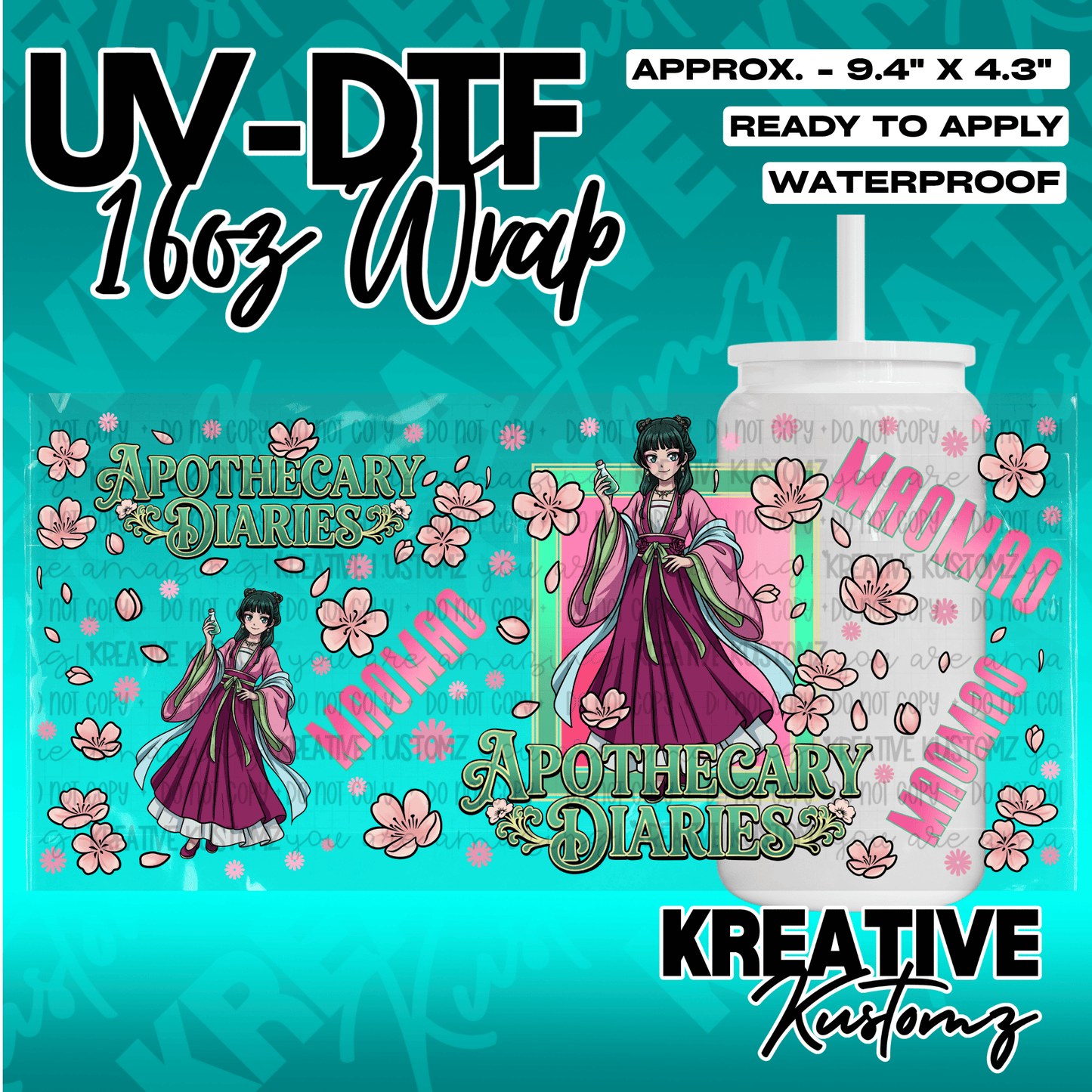 A floral UV DTF adhesive wrap for 16oz glass cans featuring anime character Maomao.