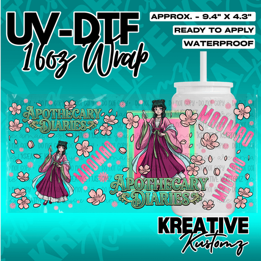 A floral UV DTF adhesive wrap for 16oz glass cans featuring anime character Maomao.