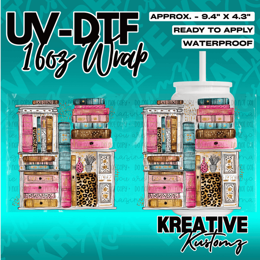 A UV DTF adhesive wrap for 16oz glass cups featuring a colorful bookshelf design.