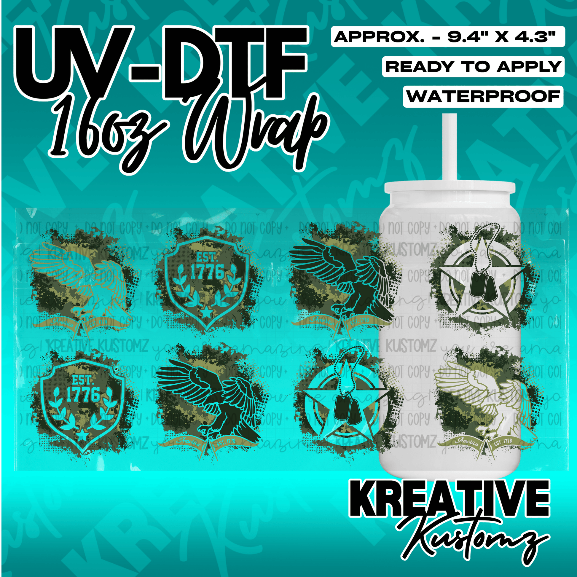 A patriotic themed UV DTF adhesive wrap for a 16oz glass cup featuring eagles and military motifs.