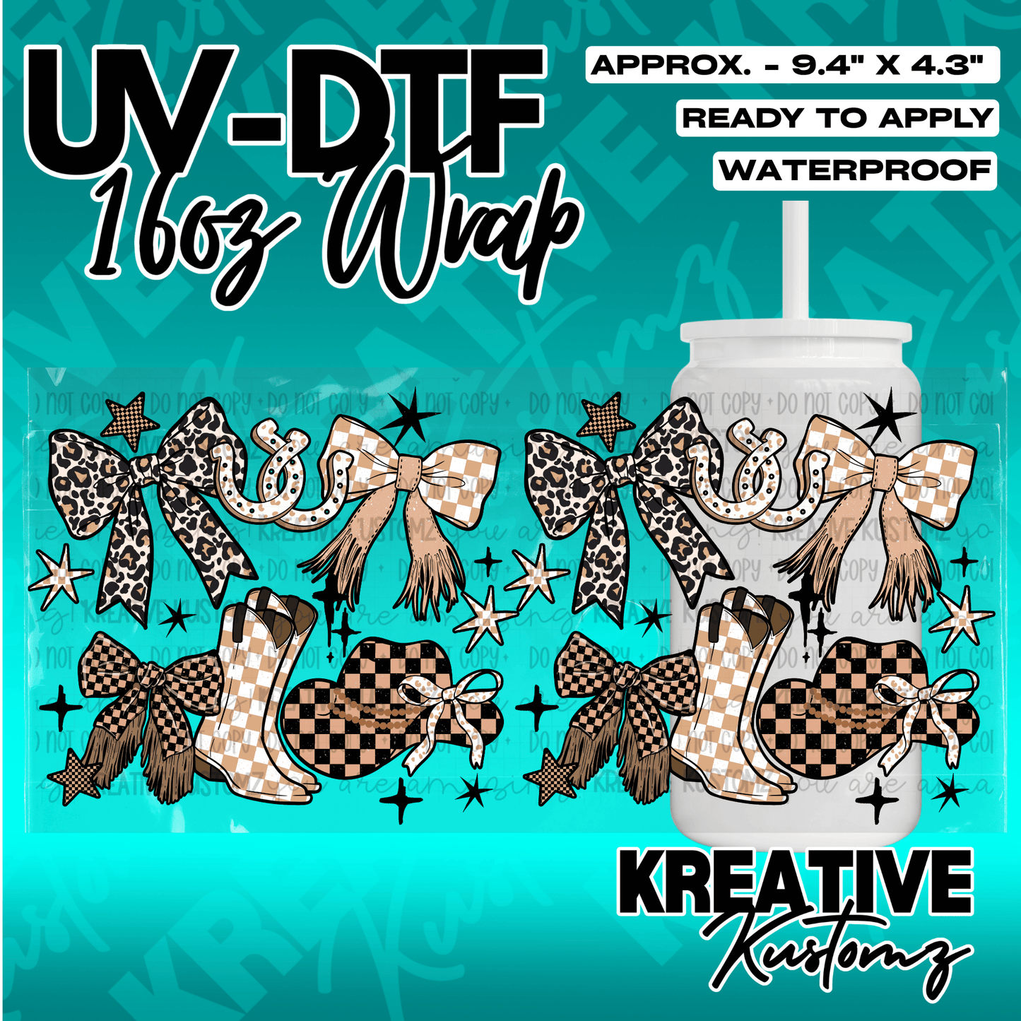 A western-themed UV DTF cup wrap featuring leopard print bows, cowboy boots, and checkered hats.