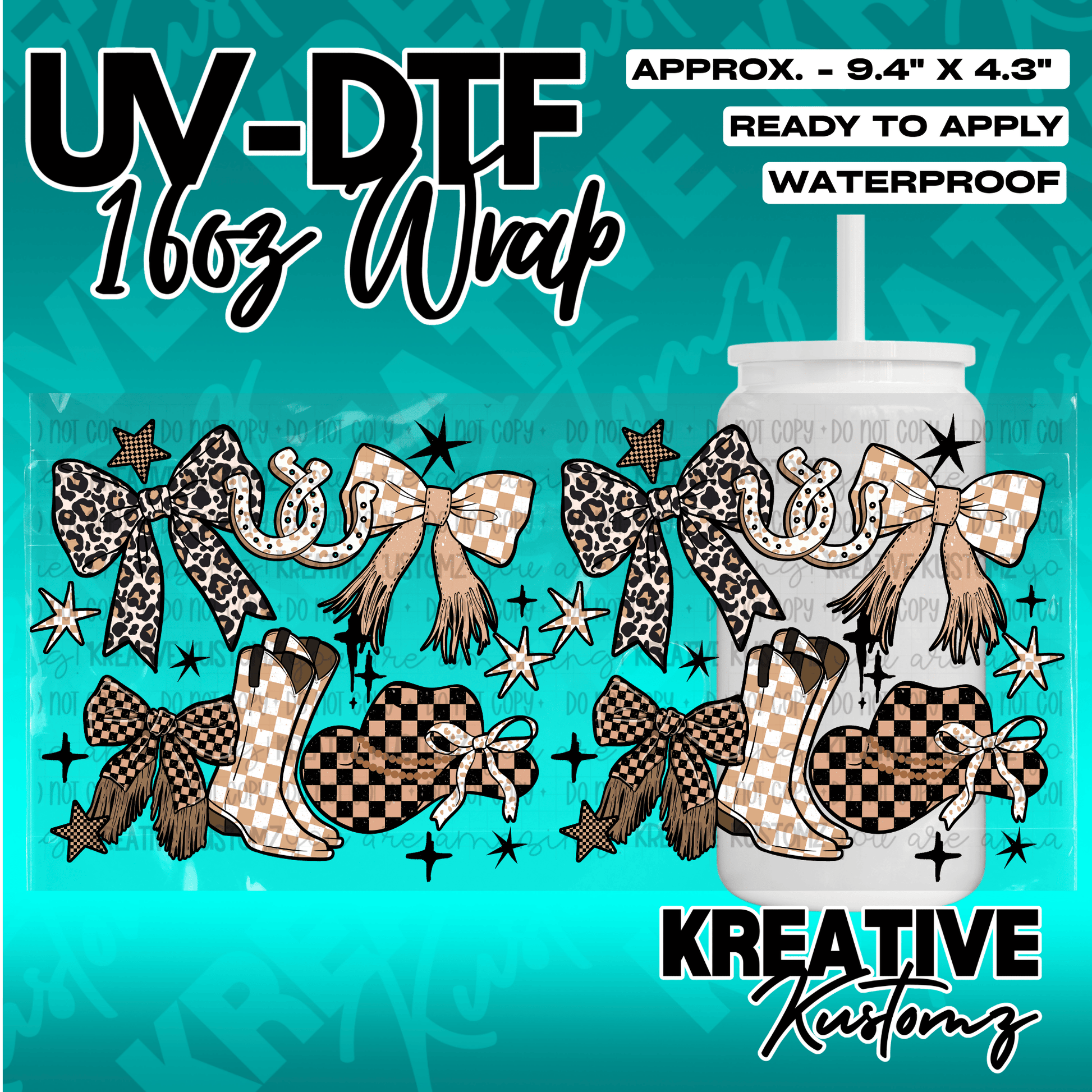 A western-themed UV DTF cup wrap featuring leopard print bows, cowboy boots, and checkered hats.
