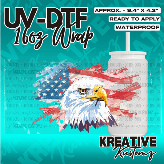A UV DTF cup wrap featuring an American eagle and flag design for a 16oz glass can.