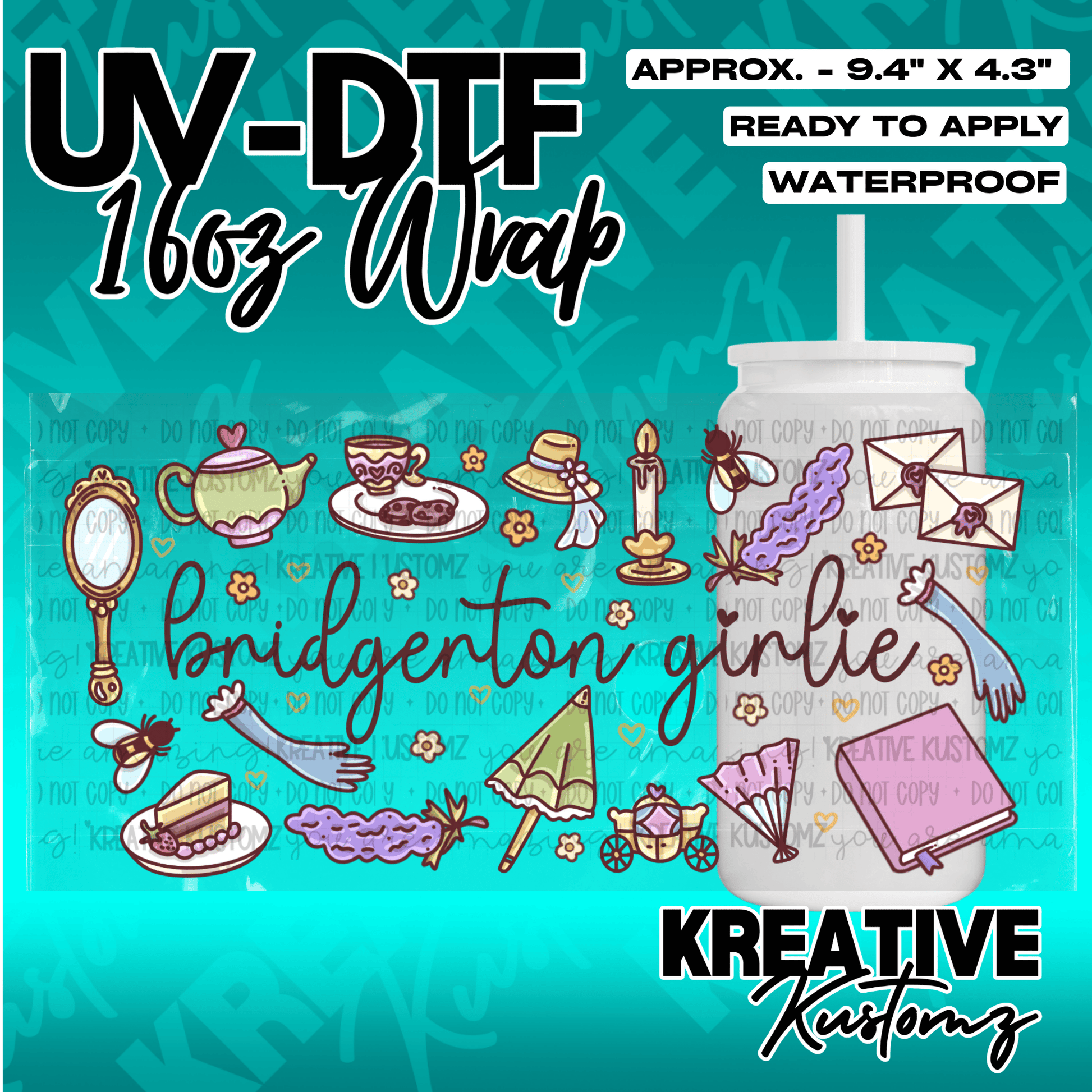 A Bridgerton themed UV DTF adhesive wrap for a 16oz glass cup featuring various period icons.